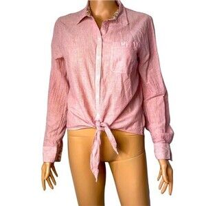 Sandra Ingrish Red/white striped button up button down knot tie blouse SZ M